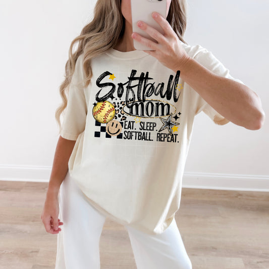 🥎 Softball Mom Graphic Tee | Eat Sleep Softball Repeat Shirt | Trendy Sports Mama T-Shirt | Cute Game Day Softball Tee