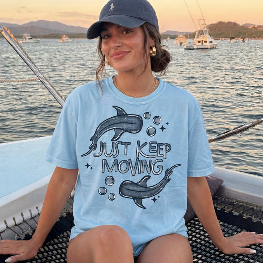 Just Keep Moving Whale Shark Graphic Tee | Ocean Inspired Beach Shirt | Coastal Summer T-Shirt
