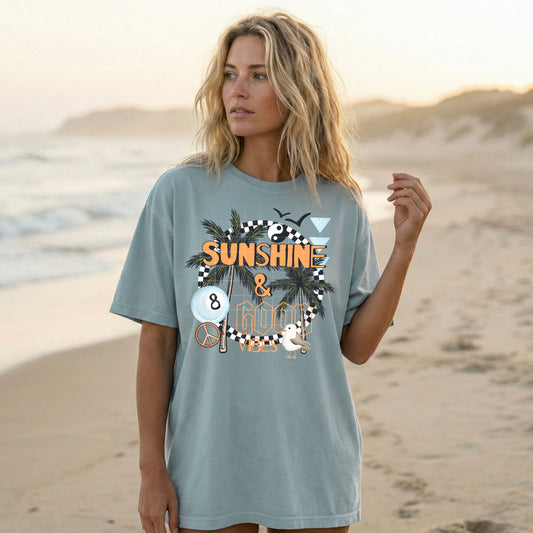 Sunshine & Good Vibes Graphic Tee | Retro Beach Summer Shirt | Coastal Vacation T-Shirt