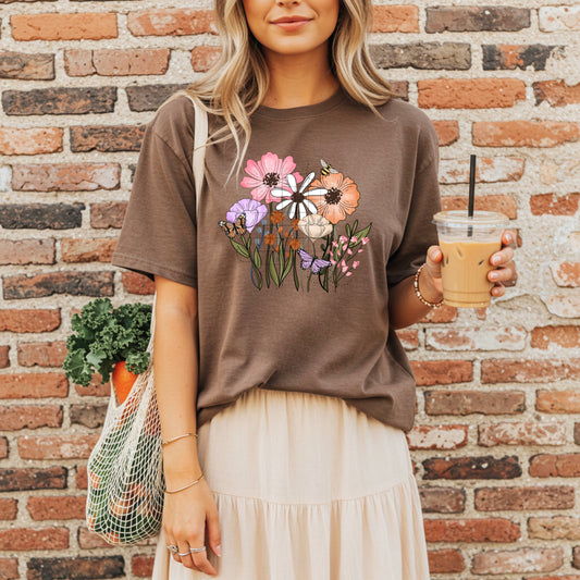 Floral Wildflowers Graphic T-Shirt | Boho Botanical Tee | Cottagecore Nature Lover Unisex Shirt | Spring Garden Apparel