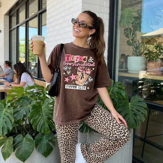 Tired, Overstimulated & Coffee Club Graphic T-Shirt | Funny Mom Life Tee | Caffeine Lover Unisex Shirt | Cozy Everyday Apparel