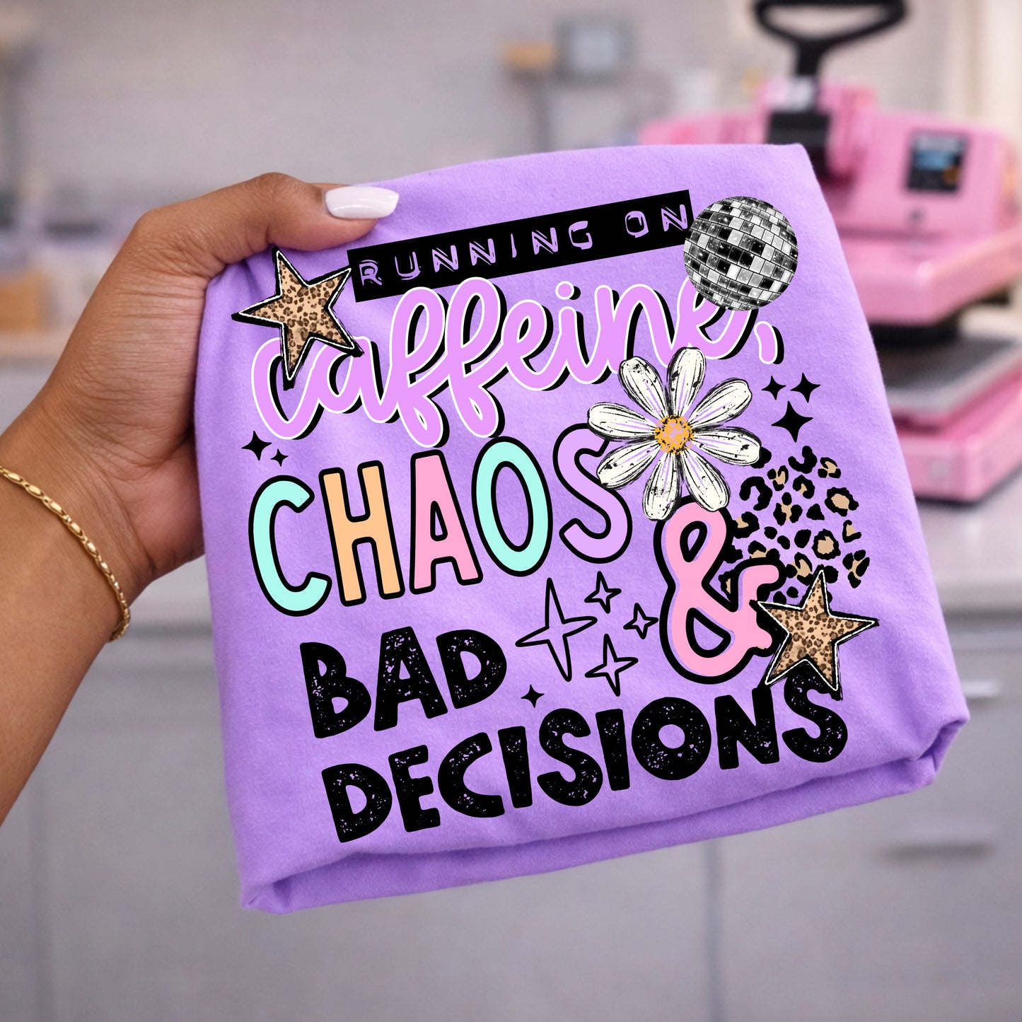 Running on Caffeine, Chaos & Bad Decisions Shirt | Funny Coffee Lover Graphic Tee | Chaos Coordinator T-Shirt | Caffeine Quote Shirt | Trendy Graphic Tee | Gift for Coffee Addict |  Shirt ☕💜✨