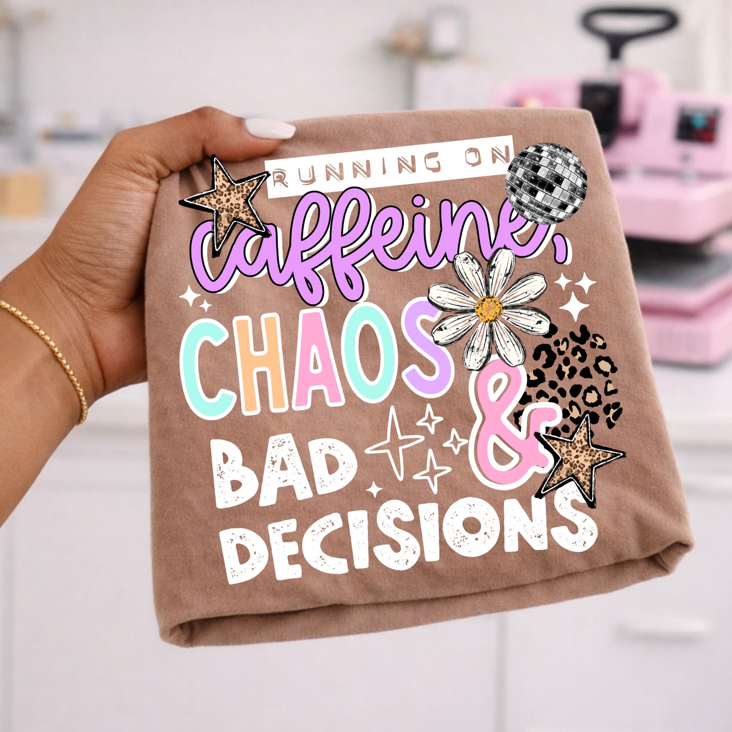 Running on Caffeine, Chaos & Bad Decisions Shirt | Funny Coffee Lover Graphic Tee | Chaos Coordinator T-Shirt | Caffeine Quote Shirt | Trendy Graphic Tee | Gift for Coffee Addict |  Shirt ☕💜✨