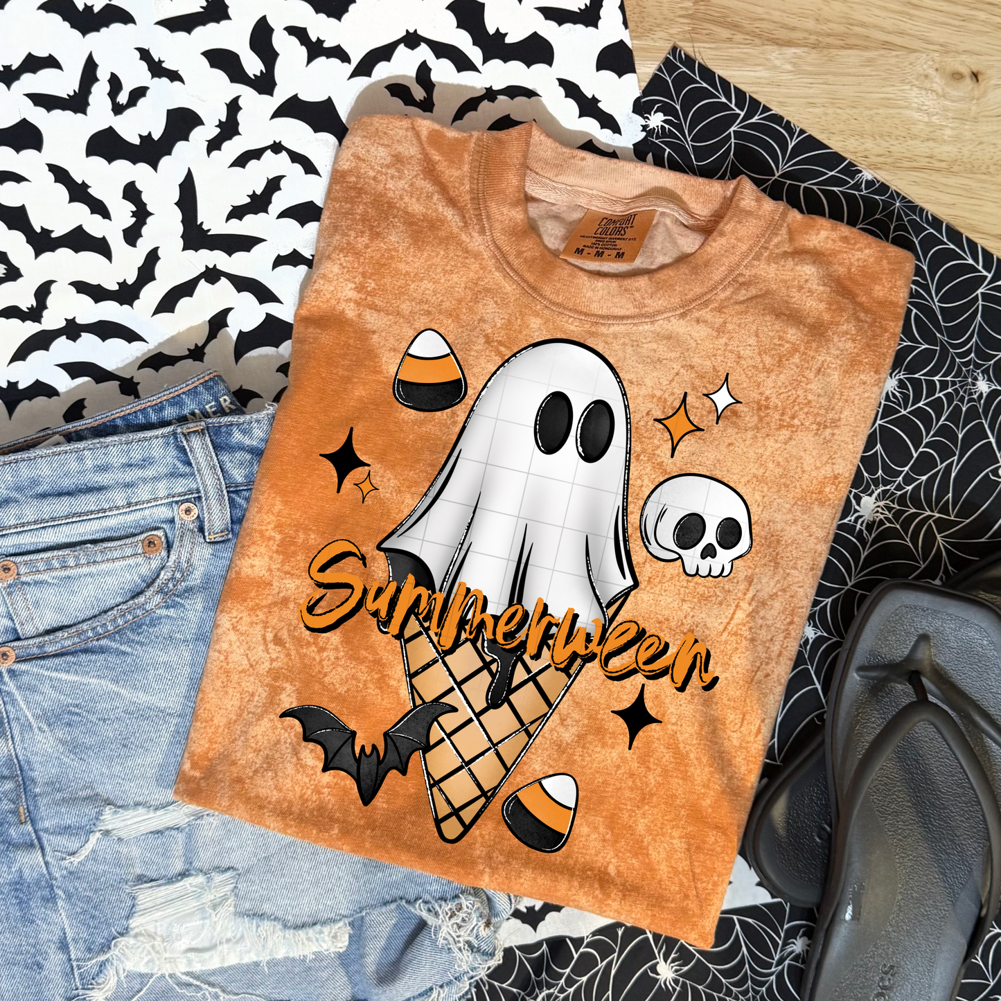 Summerween Ghost Ice Cream Graphic Tee | Candy Corn Halloween Shirt | Cute Fall Graphic Tee