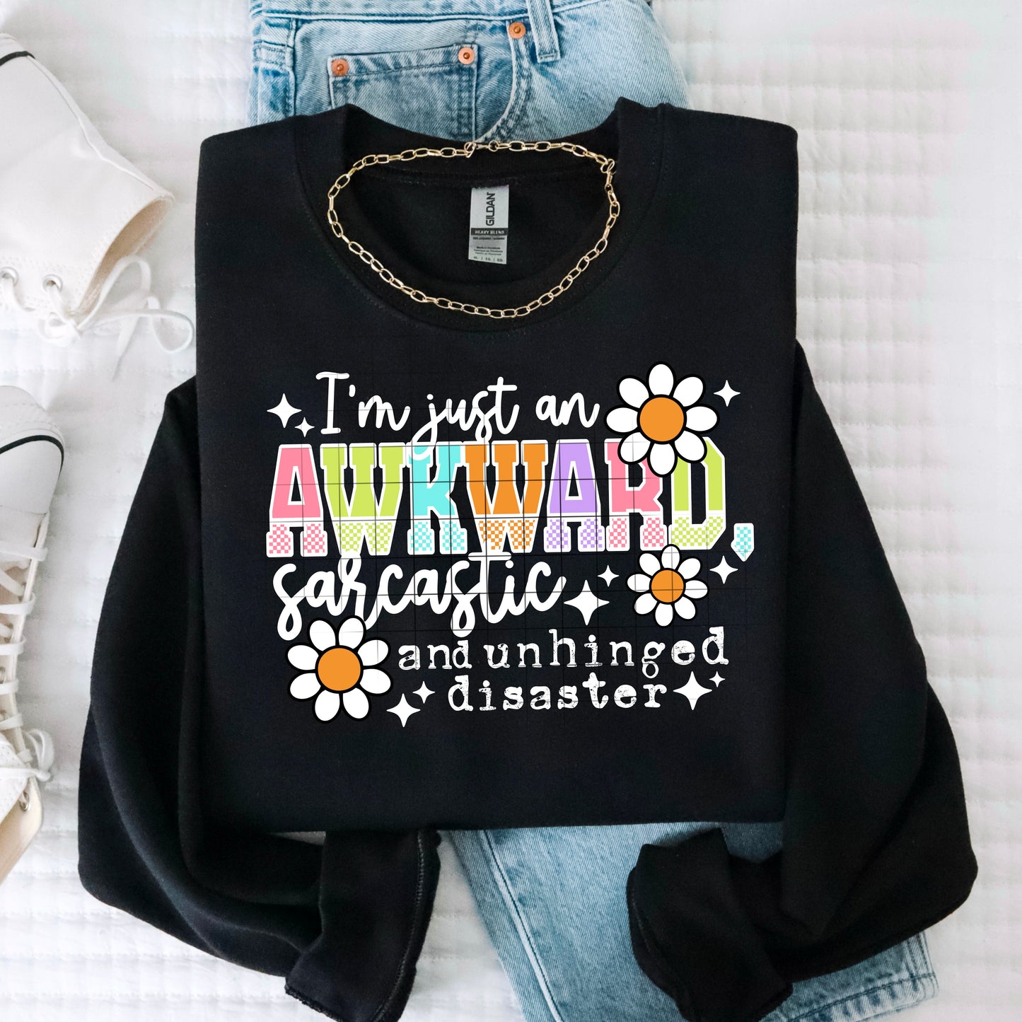 Awkward Sarcastic Unhinged Disaster Sweatshirt 😂🌼✨ Retro Colorful Crewneck