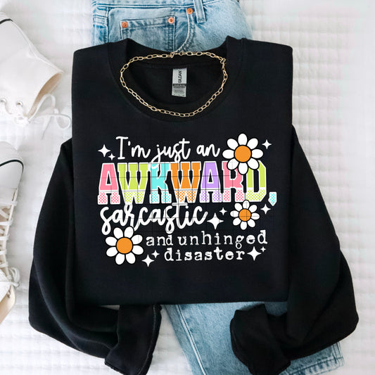 Awkward Sarcastic Unhinged Disaster Sweatshirt 😂🌼✨ Retro Colorful Crewneck