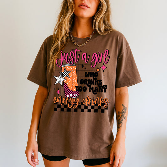 ⚡ Just a Girl Who Drinks Too Many Energy Drinks T-Shirt – Retro Western Graphic Tee | Bold Cowgirl Aesthetic | Unisex Comfort Tee