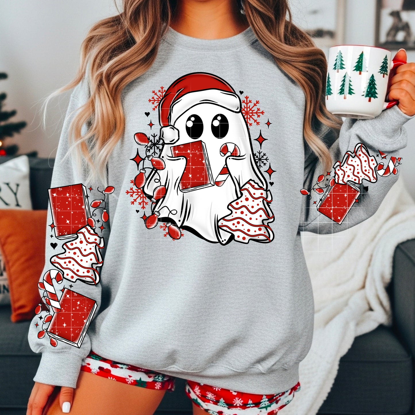 🎄👻 Christmas Ghost Sweatshirt – Cute Santa Ghost with Presents & Candy Canes | Holiday Sleeve Design | Cozy Unisex Christmas Pullover