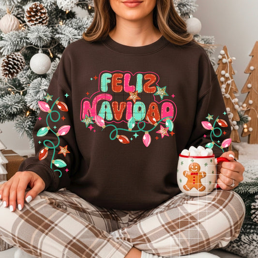 🎄 Feliz Navidad Sweatshirt – Colorful Christmas Lights Crewneck | Festive Holiday Pullover with Sleeve Lights | Cozy Unisex Sweater