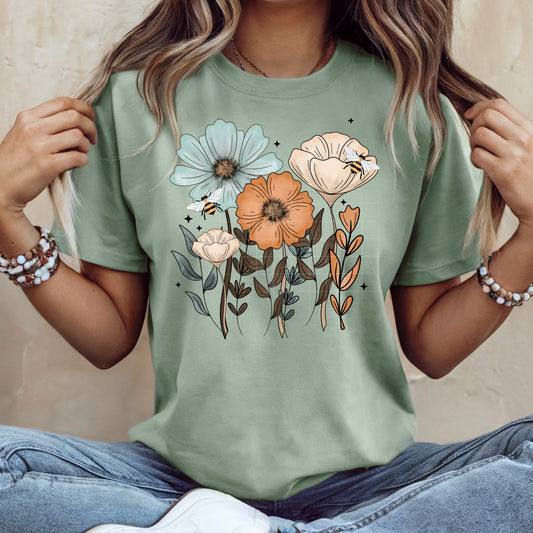 Wildflowers and Bees Graphic T-Shirt | Floral Nature Lover Tee | Cottagecore Boho Unisex Shirt | Spring and Summer Apparel