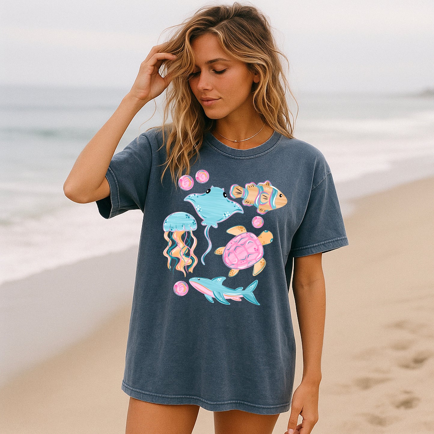 🐢 Cute Ocean Sea Life Graphic Tee | Pastel Turtle Jellyfish Shark Shirt | Beach Lover Summer T-Shirt | Coastal Aesthetic Tee