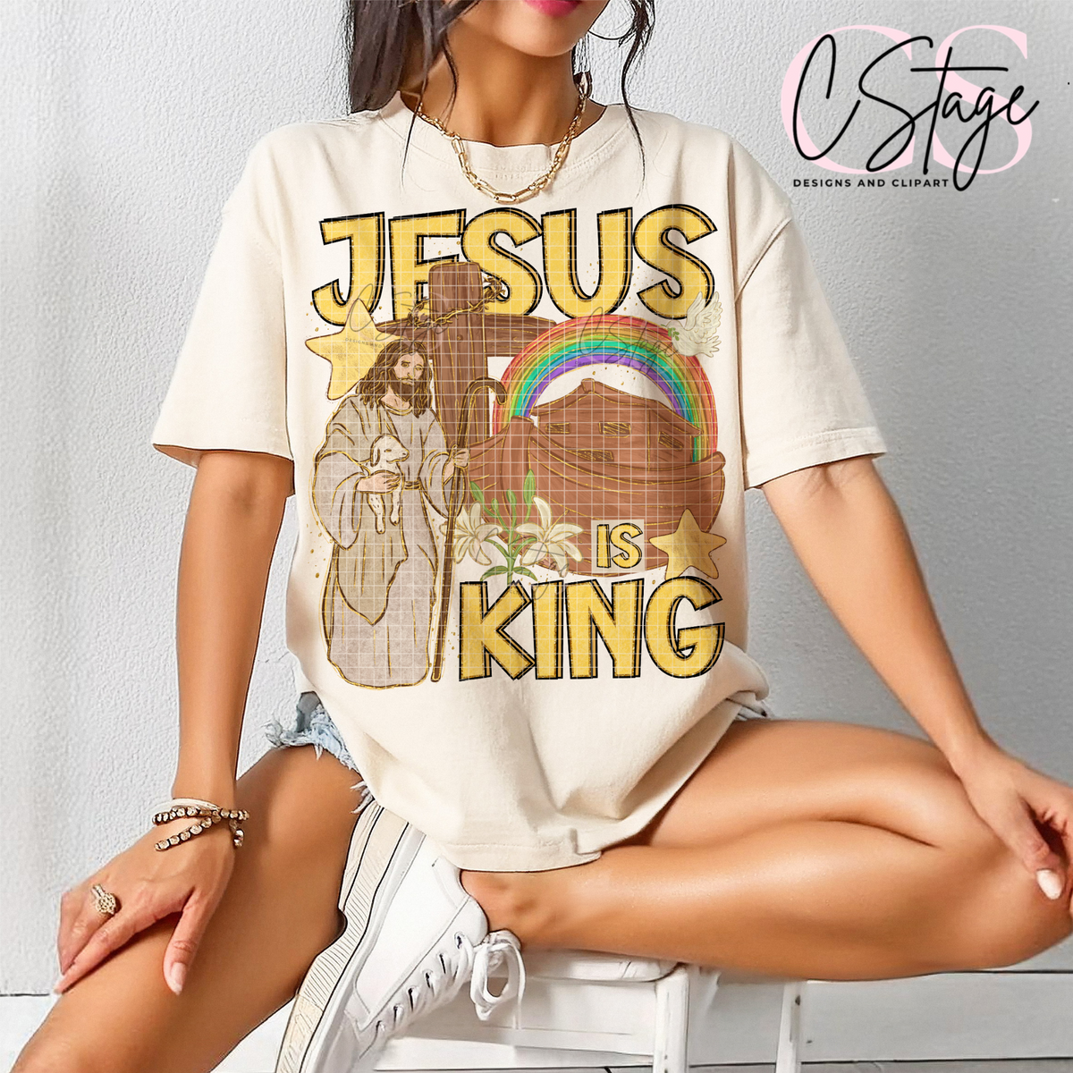 Jesus Is King – Retro Christian Rainbow Graphic T-Shirt mockup