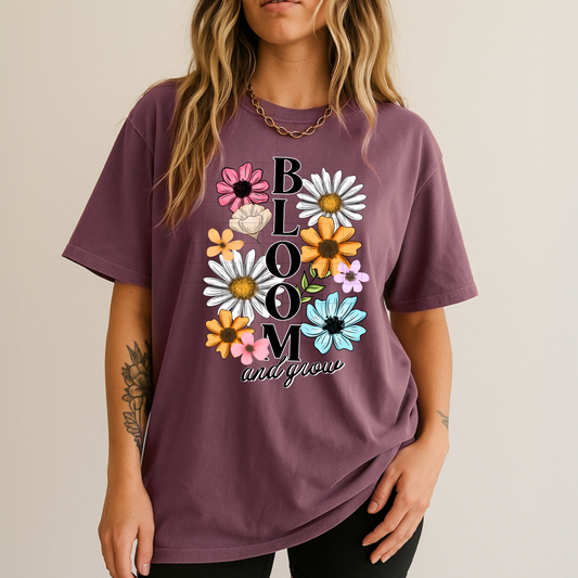 Bloom and Grow Floral Graphic T-Shirt | Inspirational Wildflower Tee | Boho Cottagecore Unisex Shirt | Botanical Apparel