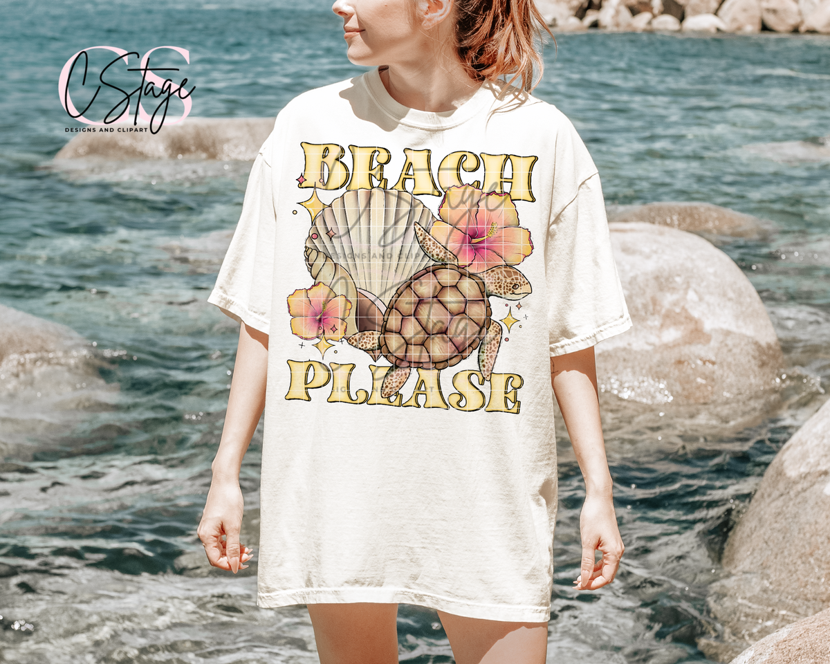 Beach Please – Vintage Sea Turtle & Hibiscus Graphic T-Shirt mockup