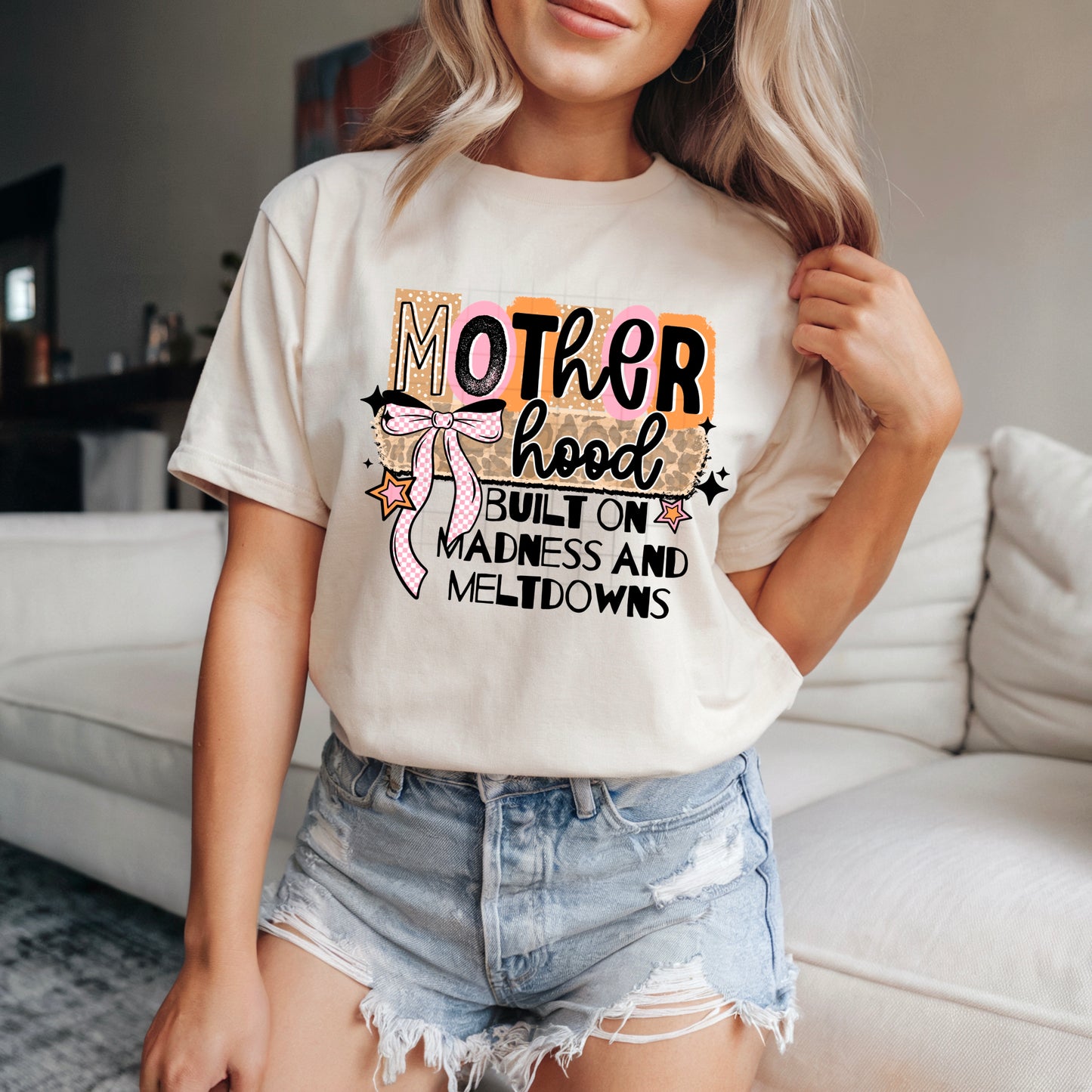 Motherhood Built on Madness & Meltdowns Shirt | Funny Mom Graphic Tee | Trendy Mama T-Shirt | Motherhood Humor Shirt | Mother's Day Gift | Cute Mom Apparel 💕👩‍👧‍👦
