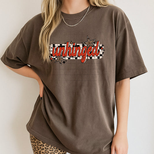 Unhinged Checkered Star Graphic T-Shirt | Funny Retro Graphic Tee | Trendy Western Unisex Shirt | Sarcastic Everyday Apparel