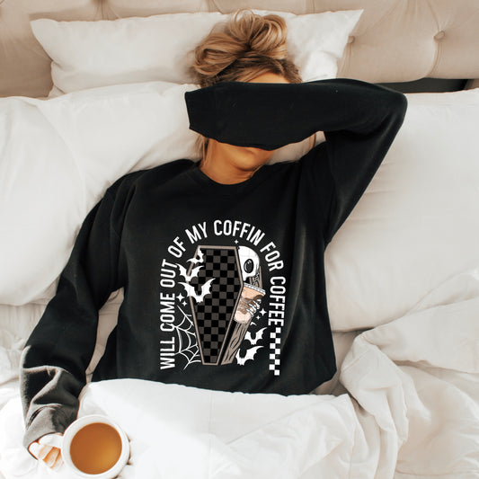 Will Come Out of My Coffin for Coffee Sweatshirt | Spooky Coffee Lover Crewneck | Halloween Coffee Graphic Sweatshirt | Gothic Skeleton Coffee Pullover | Cozy Fall Coffee Sweatshirt ☕🦇🖤