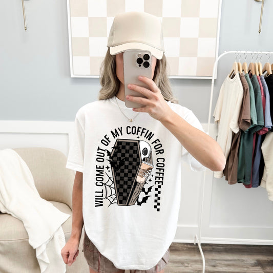 I Will Come Out of My Coffin for Coffee Graphic T-Shirt | Funny Halloween Coffee Tee | Spooky Season Unisex Shirt | Caffeine Lover Apparel