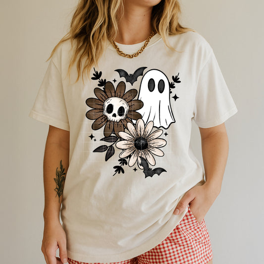 Skull Ghost Cottagecore Graphic T-Shirt | Cute Spooky Floral Tee | Halloween Unisex Shirt | Boho Fall Apparel