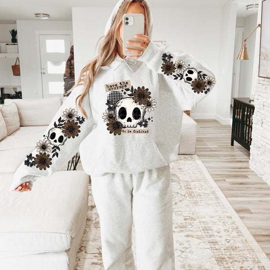 Have the Courage to Be Disliked Skull Hoodie with Sleeve Print | Floral Gothic Hoodie | Coquette Skull Sweatshirt | Spooky Aesthetic Hoodie | Fall Halloween Pullover | Gift for Her 🖤🌼💀