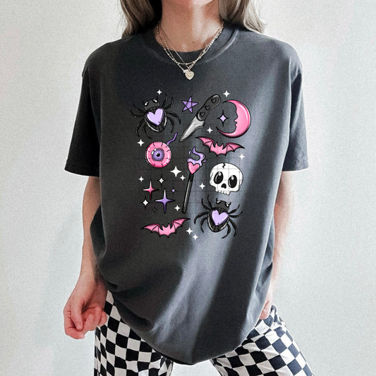 Pink Bats and Purple Spiders Halloween Graphic T-Shirt | Cute Spooky Season Tee | Coquette Fall Unisex Shirt | Trendy Halloween Apparel