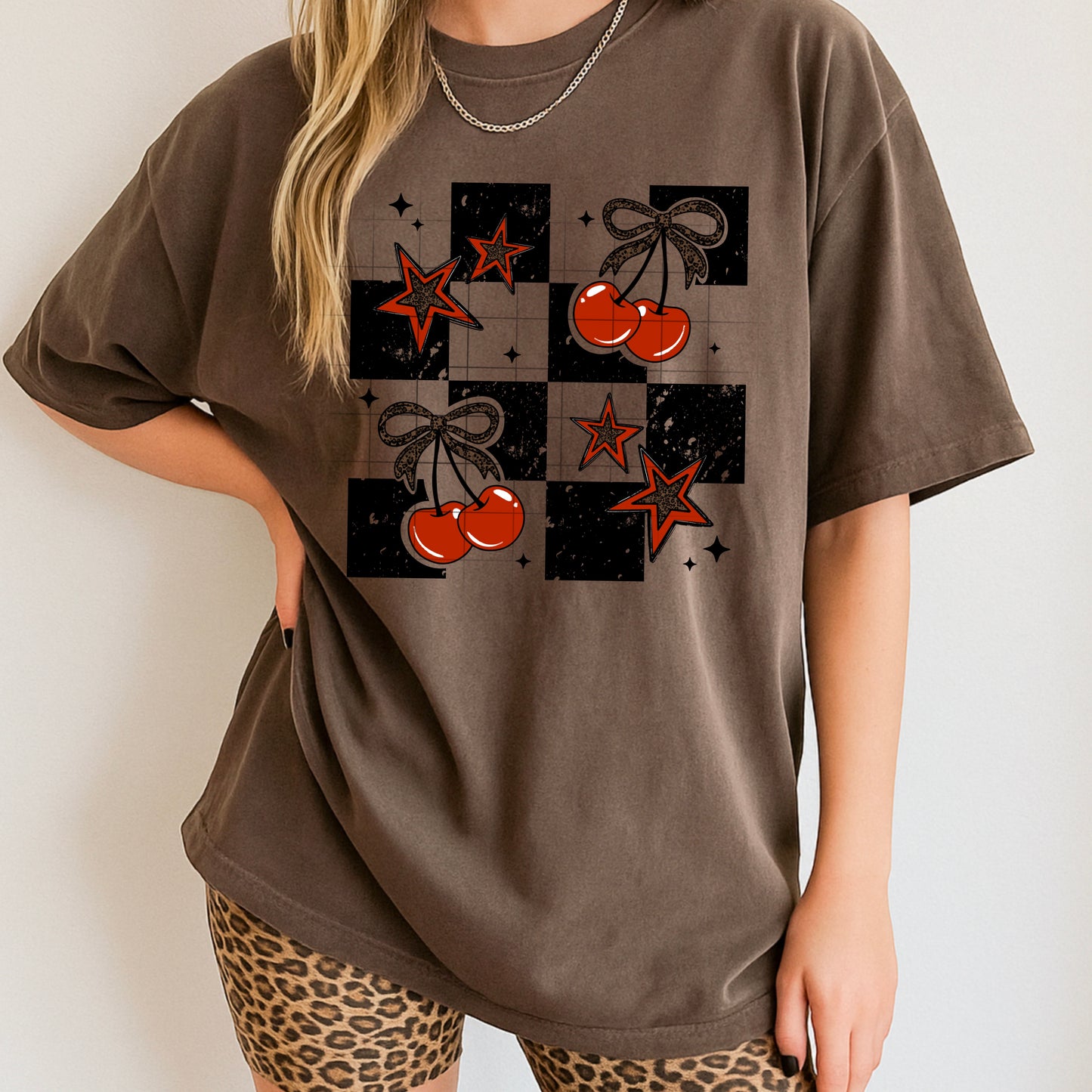 🍒 Retro Cherries & Stars Checkered Tee ✨ – Trendy Graphic Shirt (S–4XL)