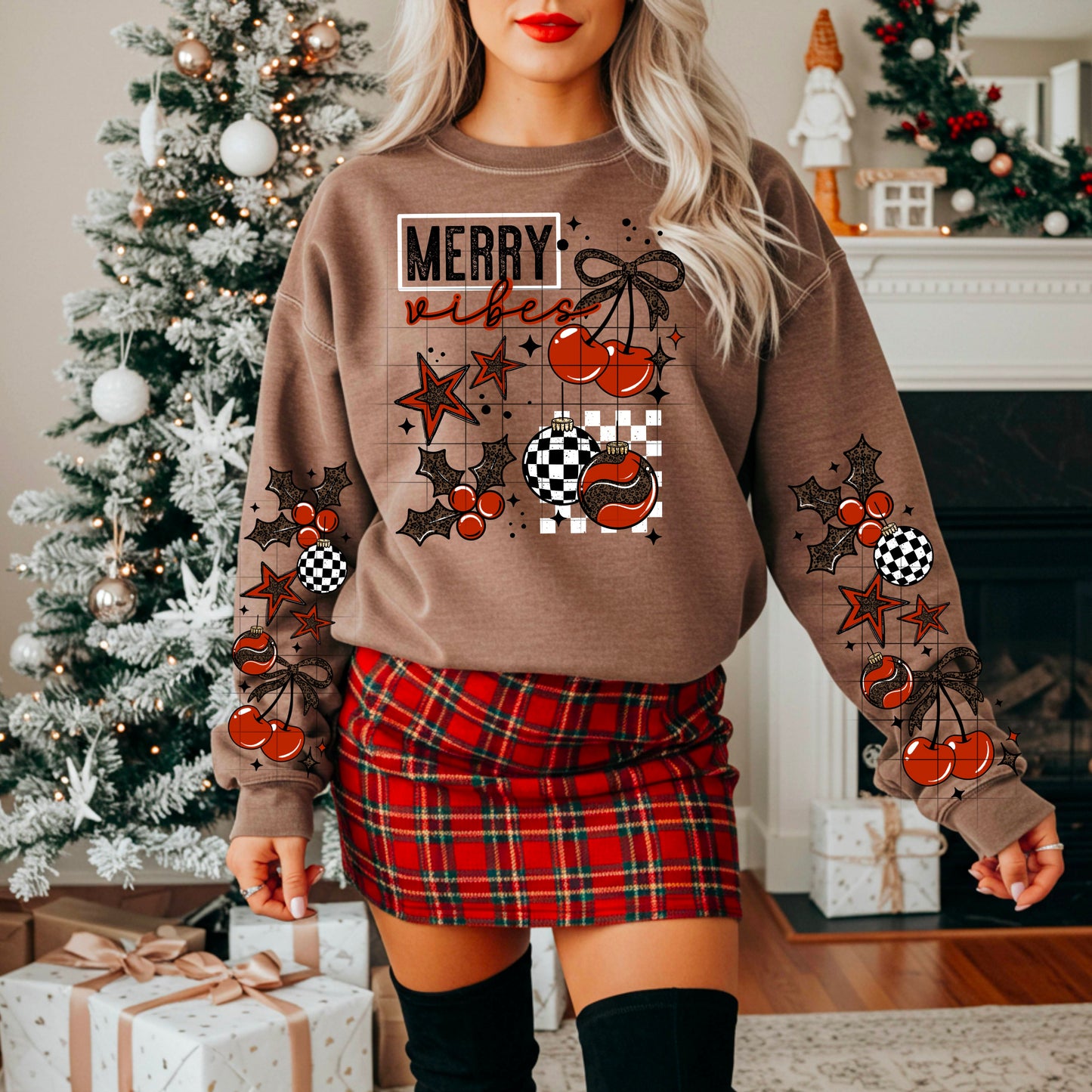 🎄 Merry Vibes Christmas Sweatshirt – Retro Holiday Crewneck with Sleeve Designs | Checkered Ornaments, Cherries & Holly | Cozy Unisex Pullover