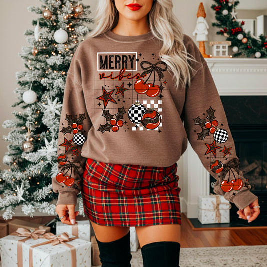 🎄 Merry Vibes Christmas Sweatshirt – Retro Holiday Crewneck with Sleeve Designs | Checkered Ornaments, Cherries & Holly | Cozy Unisex Pullover