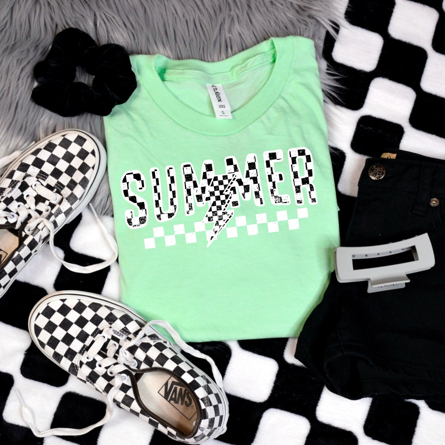 Checkered Lightning Summer Tee – Mint Green Edition