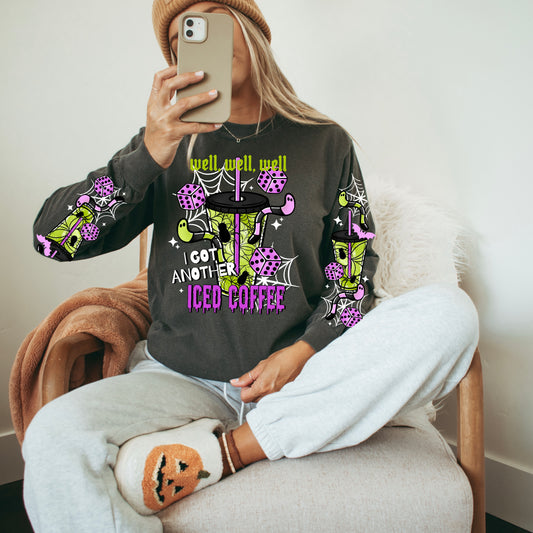 Well Well Well I Got Another Iced Coffee Halloween Sweatshirt | Spooky Iced Coffee Crewneck | Ghost Coffee Sweatshirt | Cute Halloween Coffee Lover Pullover | Fall Coffee Graphic Sweatshirt | Cozy October Gift for Women ☕👻🎃