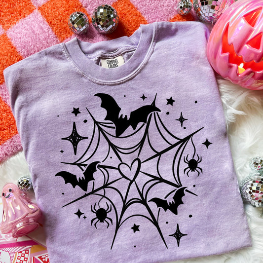 Spider Web and Bats Graphic T-Shirt | Cute Halloween Tee | Spooky Season Unisex Shirt | Fall Halloween Apparel