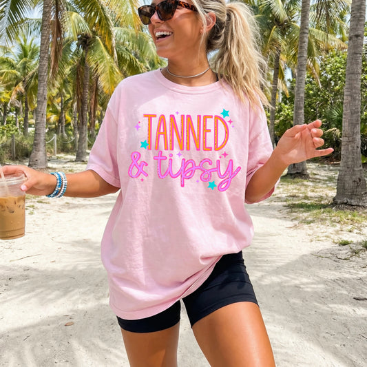 Tanned & Tipsy Graphic Tee | Summer Beach Vacation Shirt | Girls Trip Drinking Tee