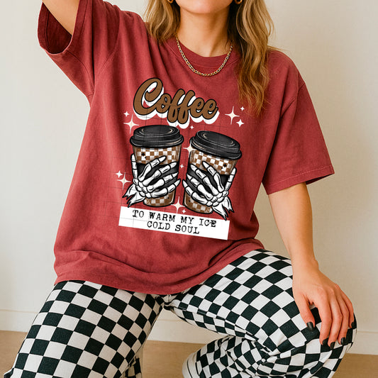 Coffee to Warm My Ice Cold Soul T-Shirt – Skeleton Hands Coffee Cup Graphic Tee | Retro Grunge Style