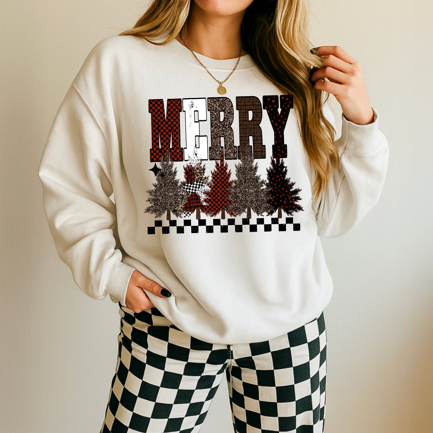 MERRY Christmas Sweatshirt – Rustic Plaid Tree Design | Checkered Holiday Crewneck