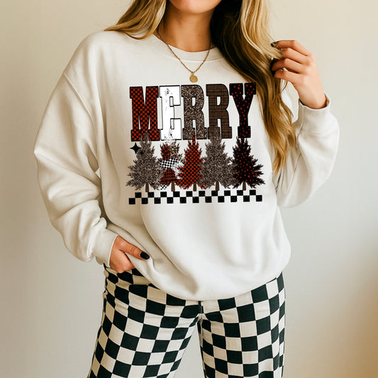 MERRY Christmas Sweatshirt – Rustic Plaid Tree Design | Checkered Holiday Crewneck