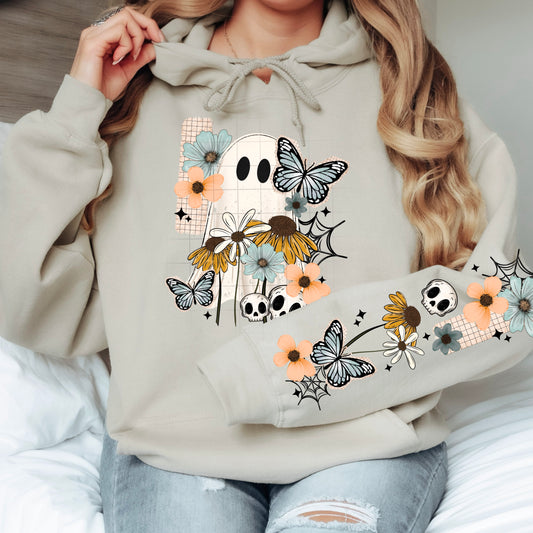 Ghost Floral Hoodie with Sleeve Print | Spooky Cute Halloween Hoodie | Butterfly Ghost Sweatshirt | Coquette Fall Hoodie | Skull & Wildflower Pullover | Autumn Halloween Gift 👻🦋🌼