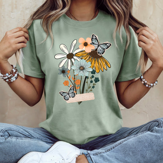 Wildflowers and Butterflies Graphic T-Shirt | Floral Nature Lover Tee | Cottagecore Boho Unisex Shirt | Spring and Summer Apparel