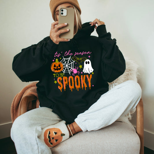 'Tis the Season to Be Spooky Hoodie | Cute Ghost Pumpkin Halloween Sweatshirt | Fall Graphic Hoodie | Pink Orange Spooky Season Pullover | Halloween Gift