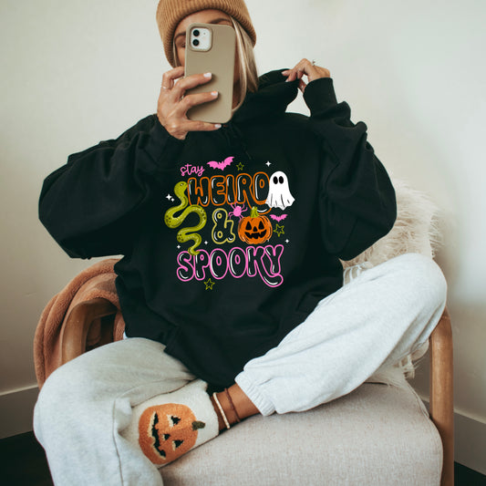 Stay Weird & Spooky Hoodie | Cute Halloween Ghost Sweatshirt | Retro Spooky Season Hoodie | Snake Pumpkin Graphic Pullover | Fall Halloween Gift 🎃👻🦇