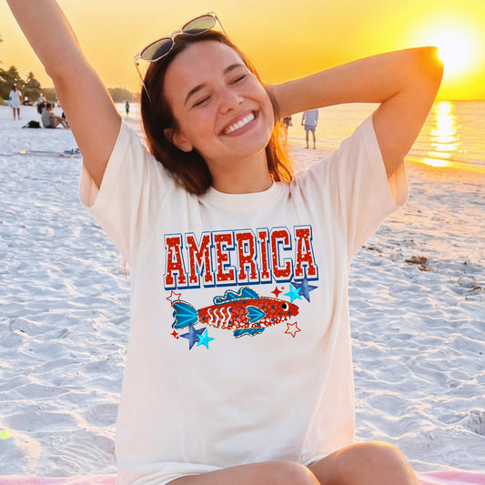 America Patriotic Fish Graphic Tee | Coastal Fourth of July Shirt | USA Summer T-Shirt