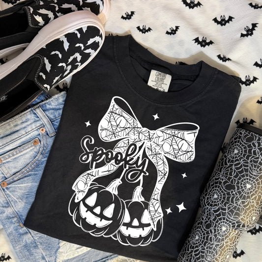 Spooky Pumpkin and Lace Bow Graphic T-Shirt | Halloween Spider Web Tee | Cute Coquette Fall Unisex Shirt | Spooky Season Apparel