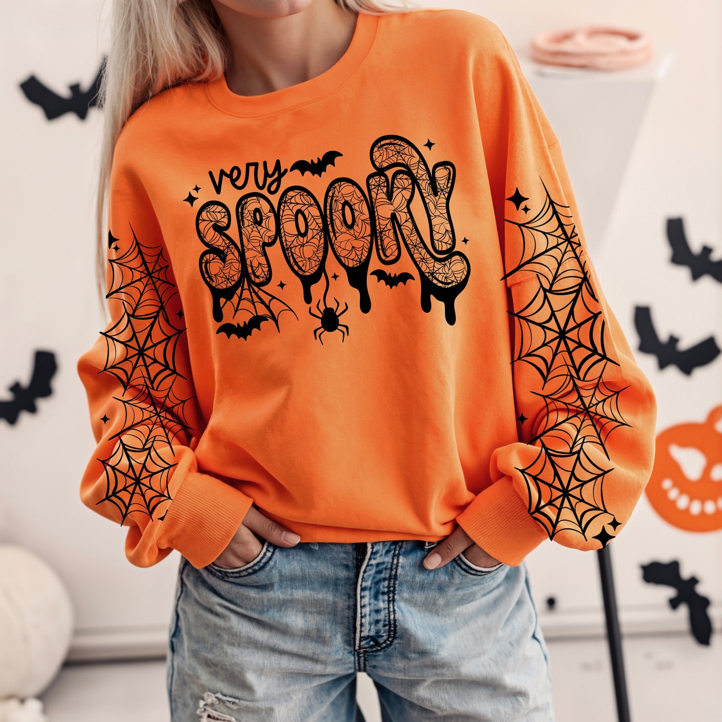 🕸️ Very Spooky Halloween Sweatshirt | Drippy Retro Spooky Crewneck | Cute Bat & Spiderweb Fall Pullover | Trendy Orange Halloween Sweatshirt 🎃