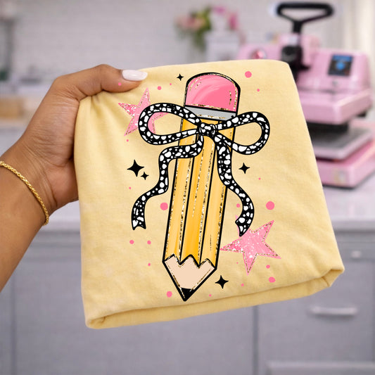 Pencil Bow Graphic T-Shirt | Cute Back to School Tee | Teacher & Student Coquette Shirt | Colorful School Unisex Apparel