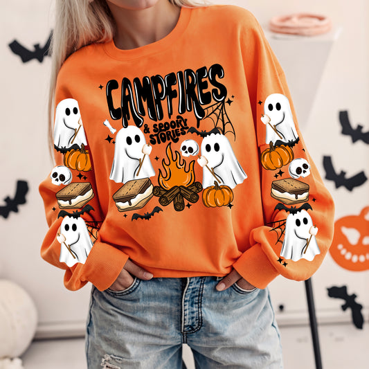 Campfires & Spooky Stories Halloween Sweatshirt | Ghost Camping Crewneck | Cute Campfire Halloween Pullover | S'mores Ghost Sweatshirt | Fall Camping Graphic Crewneck | Cozy October Sweatshirt | Halloween Gift for Campers 👻🔥🏕️🎃