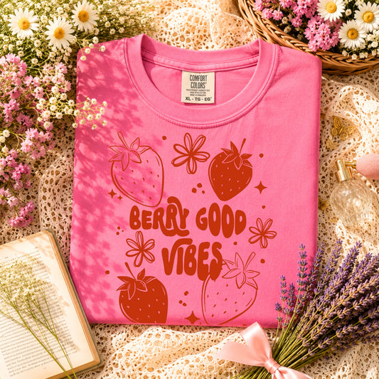 Berry Good Vibes Strawberry Shirt | Cute Strawberry Graphic Tee | Pink Summer Aesthetic T-Shirt | Cottagecore Floral Shirt | Fruit Lover Tee | Comfort Colors Style | Sweet Summer Gift 🍓🌸💕