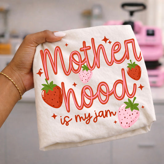 Motherhood Is My Jam Strawberry Graphic T-Shirt | Cute Mama Tee | Coquette Mom Unisex Shirt | Sweet Motherhood Apparel