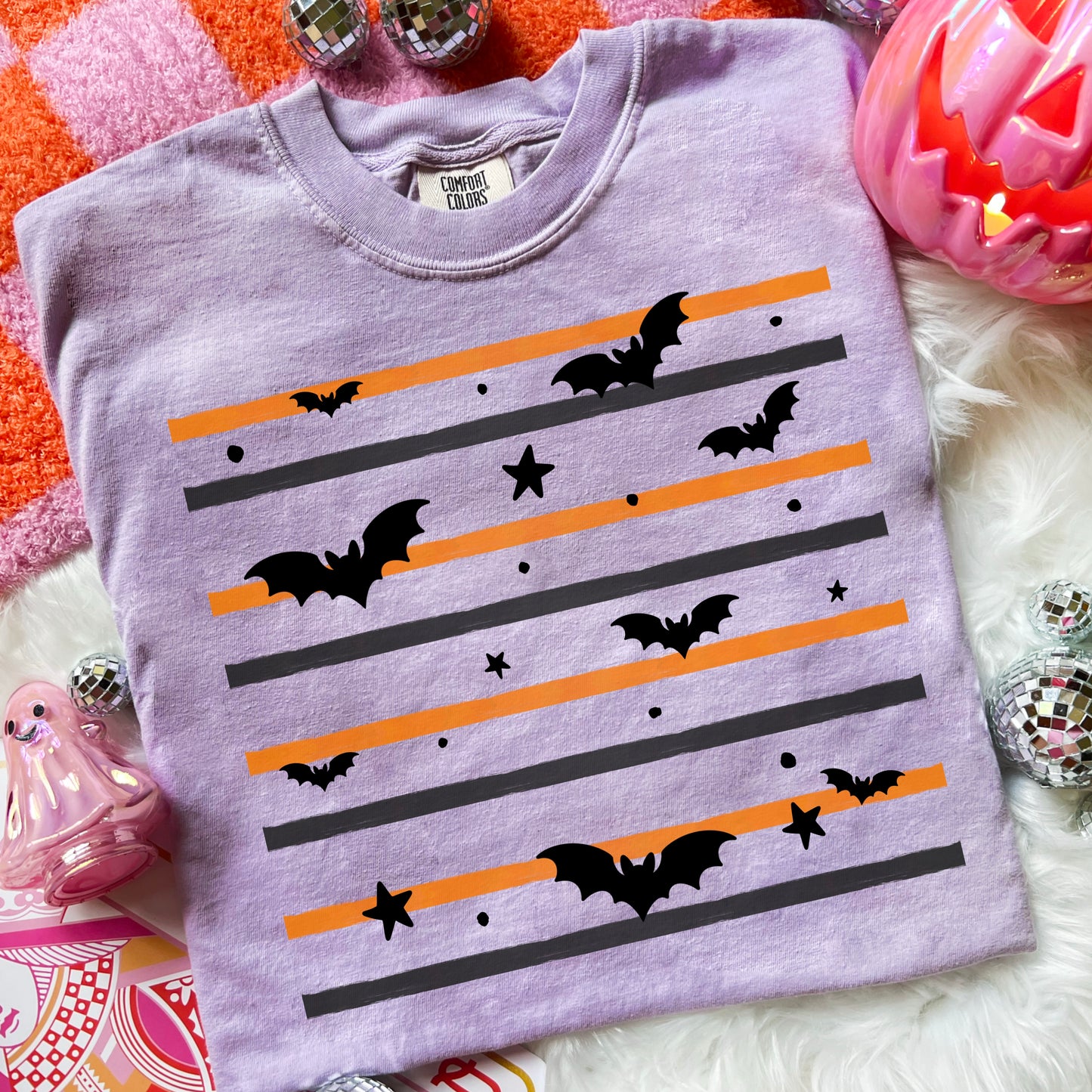 Halloween Bat Graphic T-Shirt | Orange and Gray Striped Bats Tee | Cute Spooky Season Unisex Shirt | Fall Graphic Apparel