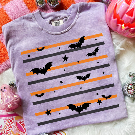 Halloween Bat Graphic T-Shirt | Orange and Gray Striped Bats Tee | Cute Spooky Season Unisex Shirt | Fall Graphic Apparel