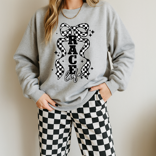 Race Life Checkered Bow Sweatshirt | Racing Fan Crewneck | Checkered Flag Graphic Sweatshirt | Race Day Pullover | Motorsport Lover Gift | Racing Mom Sweatshirt 🏁🖤🤍