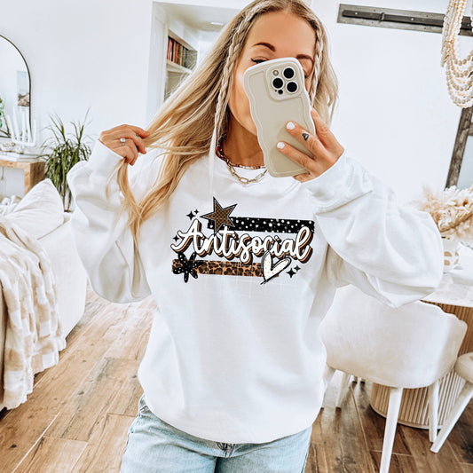 Antisocial Sweatshirt | Funny Introvert Crewneck | Cozy Graphic Sweatshirt | Leopard Print Pullover | Homebody Sweatshirt | Social Battery Sweatshirt | Gift for Introverts 🖤✨